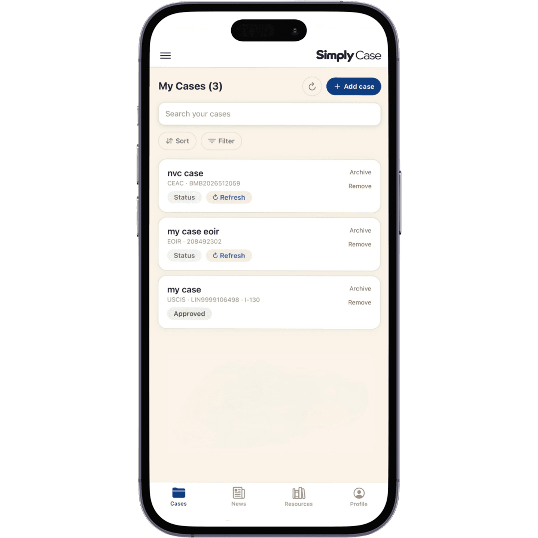 The Simply Case app on an iPhone, showing a list of three tracked cases
